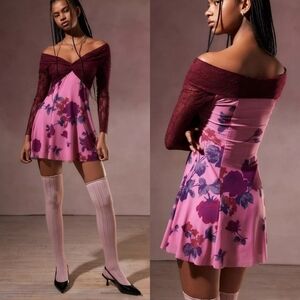 Urban Outfitters Kimchi Blue Sydney Off Shoulder Mini Dress in Pink Combo NWT